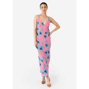 BANJANAN 100% Silk Pink Blue Floral Aurora Maxi Dress Small NEW NWT